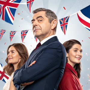 Digital art for Johnny English 3-Movie Collection. Rowan Atkinson as Johnny English stands alongside several female characters. Patriotic Union Jack elements adorn the background.