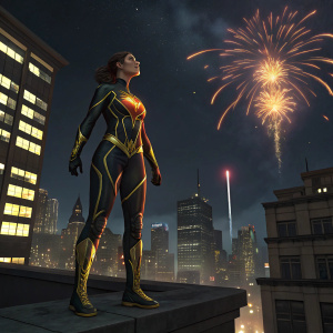 Soranik Natu, female superhero from the Sinestro Corps. Wearing a sleek, flame-themed suit. Standing on a Gotham city rooftop at night. Fireworks in the sky behind her.