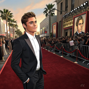 Zac Efron at the Hollywood premiere. Formal black suit and white shirt. Poses confidently on the red carpet. Crowds and flashing cameras in the background.