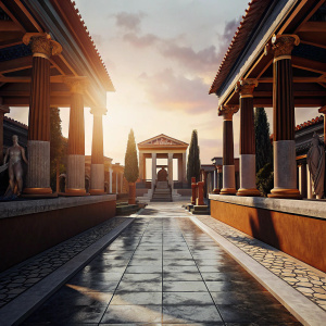 3D render of Assassin's Creed Odyssey scene. Ancient Greek architecture and pathways lined with statues. Warm, golden hue color palette.