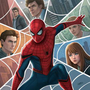 Illustration featuring Spider-Man in the center. Dynamic pose with intricate web designs. Various supporting characters in different poses and expressions, each with distinct facial features and hairstyles. Scenes from the Spider-Man universe are depicted in a collaged format.