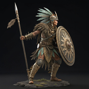 3D render of a warrior, inspired by fantasy and Native American art, standing in a powerful stance. Black background