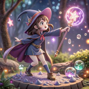 Kagari Atsuko from Little Witch Academia, 3D figurine, magical pose with wand, detailed, colorful, fantasy setting