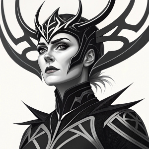 Digital art piece featuring Hela from Marvel Comics. Intricate black and white headdress, bold graphic style