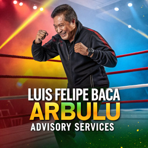 Promotional poster for Luis Felipe Baca Arbulu. Colorful boxing ring background, dynamic pose, advisory services highlighted