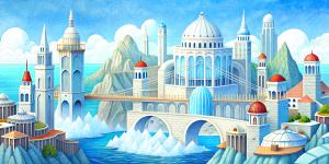 White illustration, Wes Anderson aesthetics  style, surreal collage of many complex sophistic buildings and bridges, huge ocean and sky, white color, grainy paper