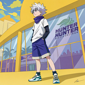 Killua Zoldyck, standing in a dynamic pose, his gray and white hair styled with precision. Wearing a casual outfit. The background is a vibrant mix of yellow and splashes of color. The scene is set at the HunterXHunter convention.