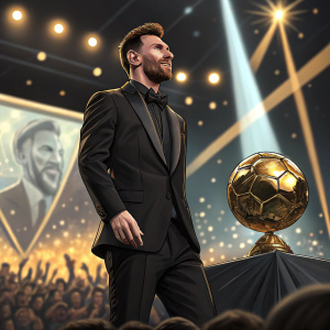 Lionel Messi, wearing a black suit, standing on stage at the Ballon d'Or award ceremony. Flashing lights and audience in the background