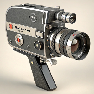 Vintage Mutecam S8-1 Super 8mm movie camera, with detachable lens and built-in audio recorder. Film cartridge and Mutecam logo visible