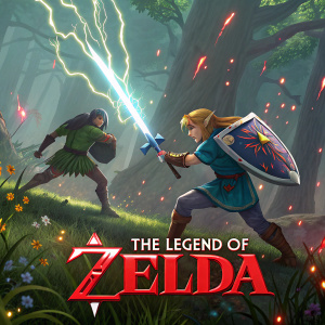 A fierce battle scene from The Legend of Zelda. Link, the hero, faces off against a powerful enemy. Bold red game title text overlays the dynamic action.