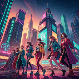 Digital art featuring Twice's members in vibrant poses. Cyberpunk cityscape background