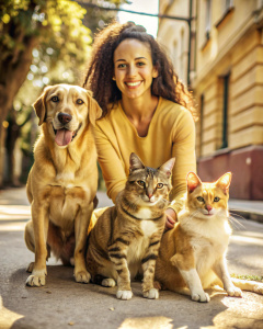 Mujer latina de bajos recursos con dos perros y un gato en la calle