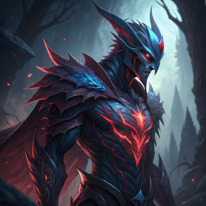 Digital artwork featuring Aatrox from League of Legends. Fierce expression, glowing chest, standing in shadowy environment. Dominant colors red, blue, gray.