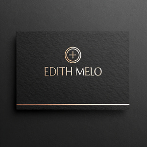 Professional business card design for Edith Melo. Elegant black background with silver text and logo.