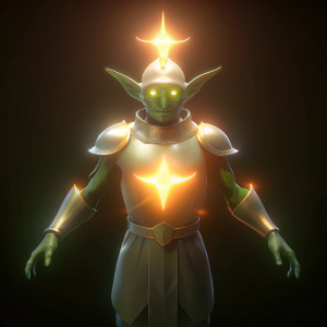 a goblin paladin with shiny armor and a holy sign on the chest