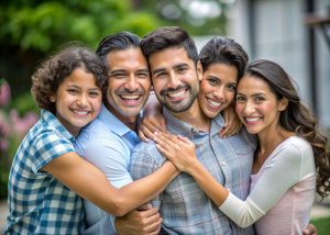25 year old Latino man, casual, smiling, hugging his family