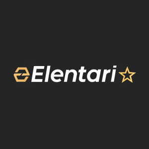 ELENTARI logo in sleek white sans-serif font centered on black background. To the right, a tiny, subtle star icon.