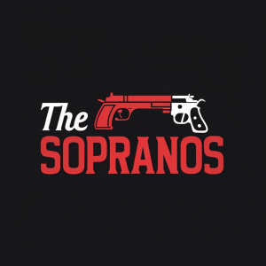 The Sopranos TV series logo. Bold red text 'The Sopranos' with a gun silhouette integrated into the design. Against a sleek black background. Modern and edgy.