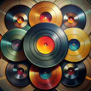 vinyl records are laid out in the shape of a the Fibonacci spiral