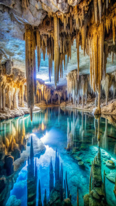  Inside the Sac Actun cave, partially submerged, crystal clear water, stunning stalactites and stalagmites, soft natural light filtering in, intricate rock formations, serene ambiance, realistic textures