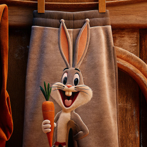 Gray sweatpants featuring Bugs Bunny holding a carrot, smiling widely.