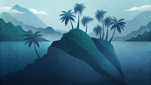 Indigo and alice, closeup island silhouette with tropical vibes, minimal, vector, illustration