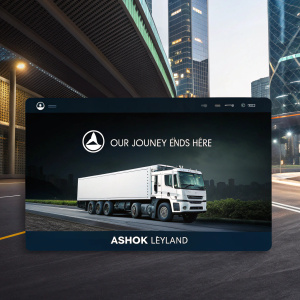 Website landing page for Ashok Leyland. Dark background, message: 'Our Journey Ends Here'