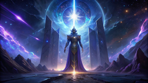 Mystical starry sentinel, guarding the cosmic gates: Picture a sentinel formed of starlight, guarding the cosmic gates that separate the realms of light and darkness, their vigil unwavering, their presence instilling a sense of security and order in the cosmos.