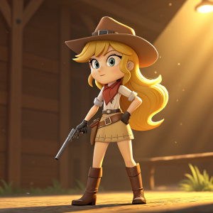 3D-animated, light-skinned, anime-inspired cowgirl character in classic western attire. Long blonde hair, determined expression, brown hat, short beige skirt, brown boots, and leather chaps. She wields a bladed weapon. Warm golden-brown background, front lighting.