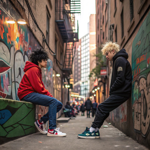 In a bustling New York City alleyway, Midoriya Izuku and Bakugou Katsuki sit on a graffiti-covered wall. Midoriya wears a red hoodie and jeans, while Bakugou sports a black bomber jacket and tracksuit pants. Background is filled with colorful street art.