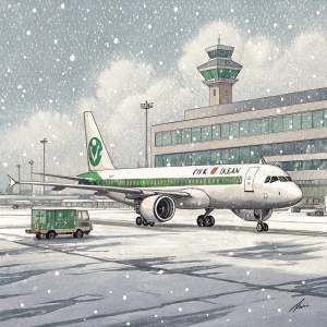 An Airbus A321 of Eva Air parked at Narita Airport. Snow-covered runway and terminal buildings visible