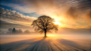 field tree winter sunrise mist