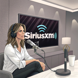 Jillian Michaels, fitness expert, hosting SiriusXM radio show. Modern studio setting. Microphone in front of her. Bold SiriusXM logo on screen.
