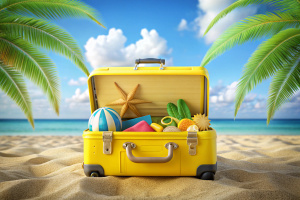 435)   Yellow suitcase with colorful summer beach elements ,Tourism and travel plan to trip concept,holiday vacation,summer time,3d rendering

summer, flight, 3d, suitcase, background, business, beach, travel, illustration, map, airplane, airport, camera, tropical, time, lifestyle, plane, vacation, holiday, bag, adventure, ticket, relax, online, passport, tourism, transportation, accessories, hat, aircraft, luggage, render, baggage, tourist, leisure, weekend, journey, tour, booking, object, plan