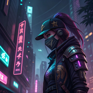Digital illustration of Akali KDA. Wearing cyberpunk-themed armor and face mask. Dark, neon-lit cityscape background