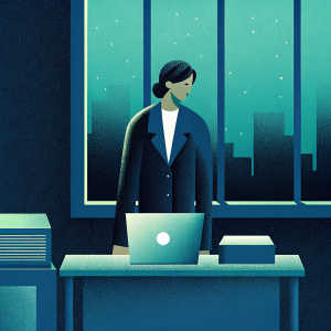 Keisha Castle-Hughes, as Special Agent Hana Gibson, standing in an FBI office with intense focus. Desk with laptop and files. Window with blurred cityscape