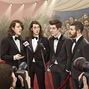 Arctic Monkeys band members Nick O'Malley, Alex Turner, Jamie Cook, and Matt Helders in tuxedos. Press conference at an awards show.