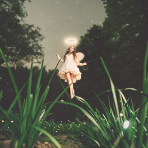 A fairy from Winx Club, floating in mid-air with a glowing halo and magical aura. Dark night sky with stars and moonlight
