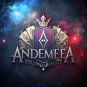 Create a logo for a K-pop group named Andromeda. The logo should incorporate elements of playing cards, specifically inspired by the Queen of Hearts. I want the logo to contain their name ANDROMEDA written in big and queen of hearts cards in a wonderland but subtle background. The overall design should be elegant, mysterious, and modern.