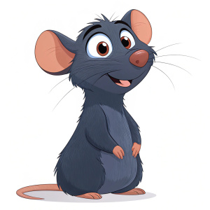 Cartoon illustration of Remy from Ratatouille, cute cartoon character, dark fur, wide eyes, smiling, on a plain white background.