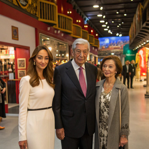 Isabel Preysler, Mario Vargas Llosa, and an unidentified woman, visiting a bustling wax museum in Madrid.