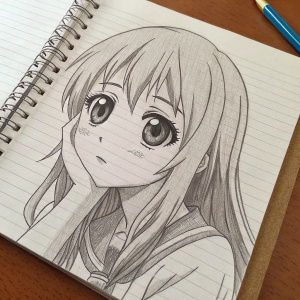 Sketch of an anime girl on notebook paper. Gray pencil shading, detailed face, large eyes, hand by cheek