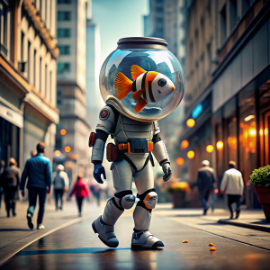 robot with a head made out of a fish bowl with a clownfish inside, walking down a busy metropolitan sidewalk