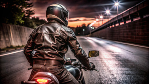 ein motorradfahrer von hinten gesehen, in schräglage auf einer dunklen straße im mondschein