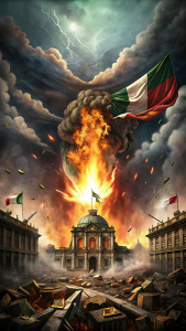 EXPLOSION DE FUEGO SUPER REAL EN EL GOBIERNO DE MÉXICO, CIELO NUBLADO Y OSCURO FUEGO Y HUMO Y UNA BANDERA DE MEXICO VOLANDO


