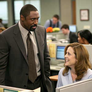 Idris Elba and Jenna Fischer in a dynamic scene from 'The Office'. Idris Elba as a stern businessman, Jenna Fischer as a cheerful employee. A bustling office setting with cubicles in the background.