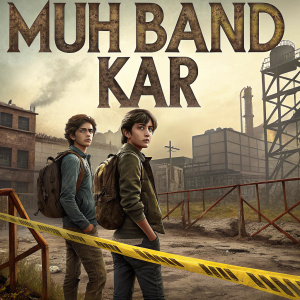 Promotional poster for the upcoming film 'Muh Band Kar'. Depicting two young actors in a desolate industrial setting. Yellow caution tape and rusted metal fences dominate the foreground. Title in bold, gritty font.