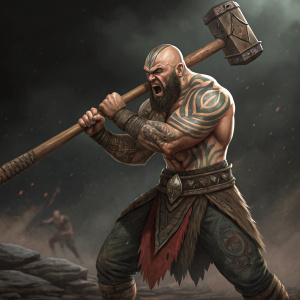 Muscular, bald warrior with tattoos, wielding a large wooden mace. Dark, ominous background. Aggressive stance