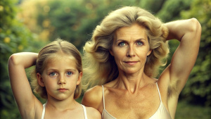 extremely realistic natural visualisation of, blonde hairy mother and daughter, (showing their extremely detailed armpits:1.3), (focused hairy armpits:1.7), (focus on naturalistic long overgrown armpit hair:1.3), natural eyes, extremely detailed and natural skin texture, extremely detailed feminine face, natural lighting, cozy background interior, serious facial expression, high quality, 8k, reality, masterpiece