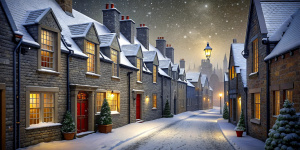 Street of a Victorian city. Winter, white fluffy snow lies on the pavement. Midnight, dark starry sky. Snow is falling. Stone houses with red tiled roofs, wooden window frames, wooden doors. The windows are lit from the inside with dim, weak light. Christmas decorations and garlands on the windows and doors. A number plate on each door. People in winter clothes are seen in the distance. 